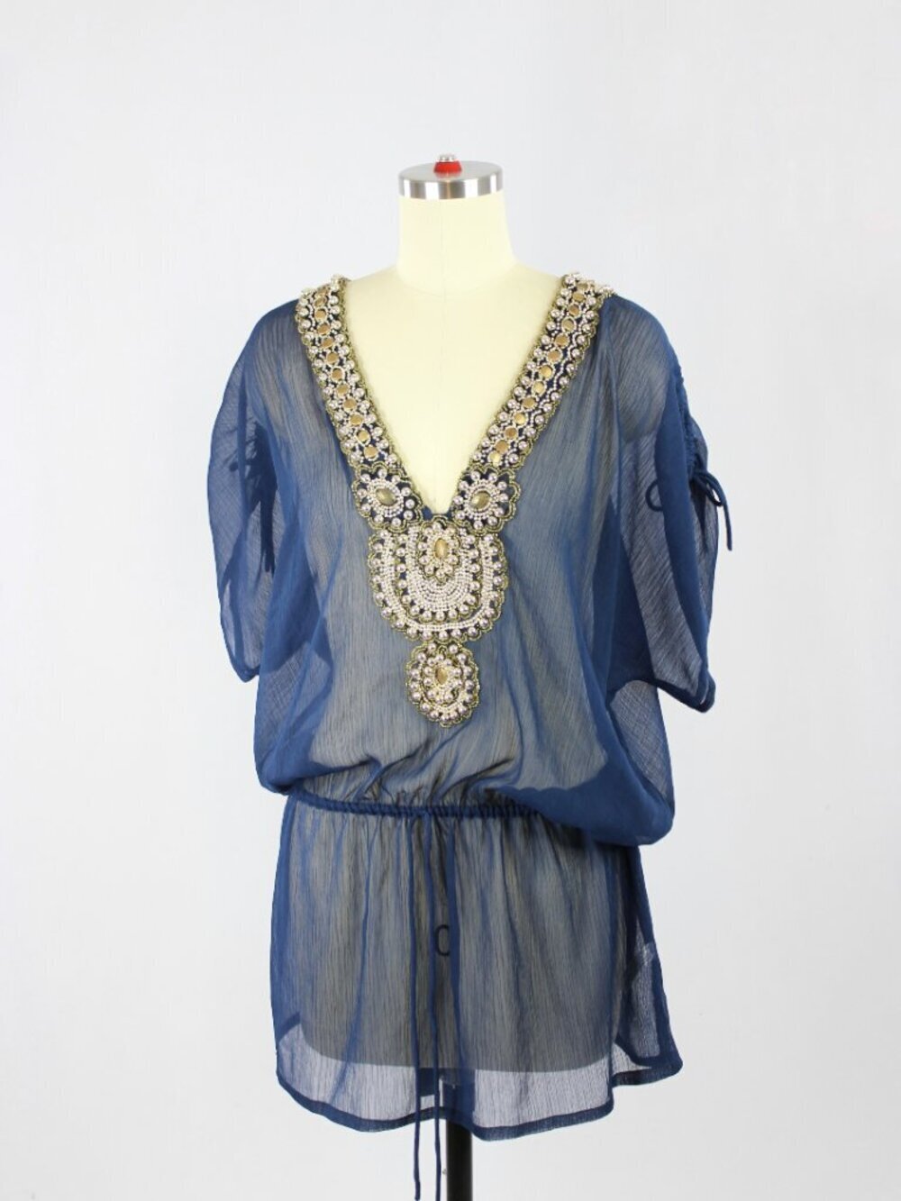 YEMANJA IBIZA Navy Beaded Beaded Embellished Sheer Goddess Caftan Cover-Up